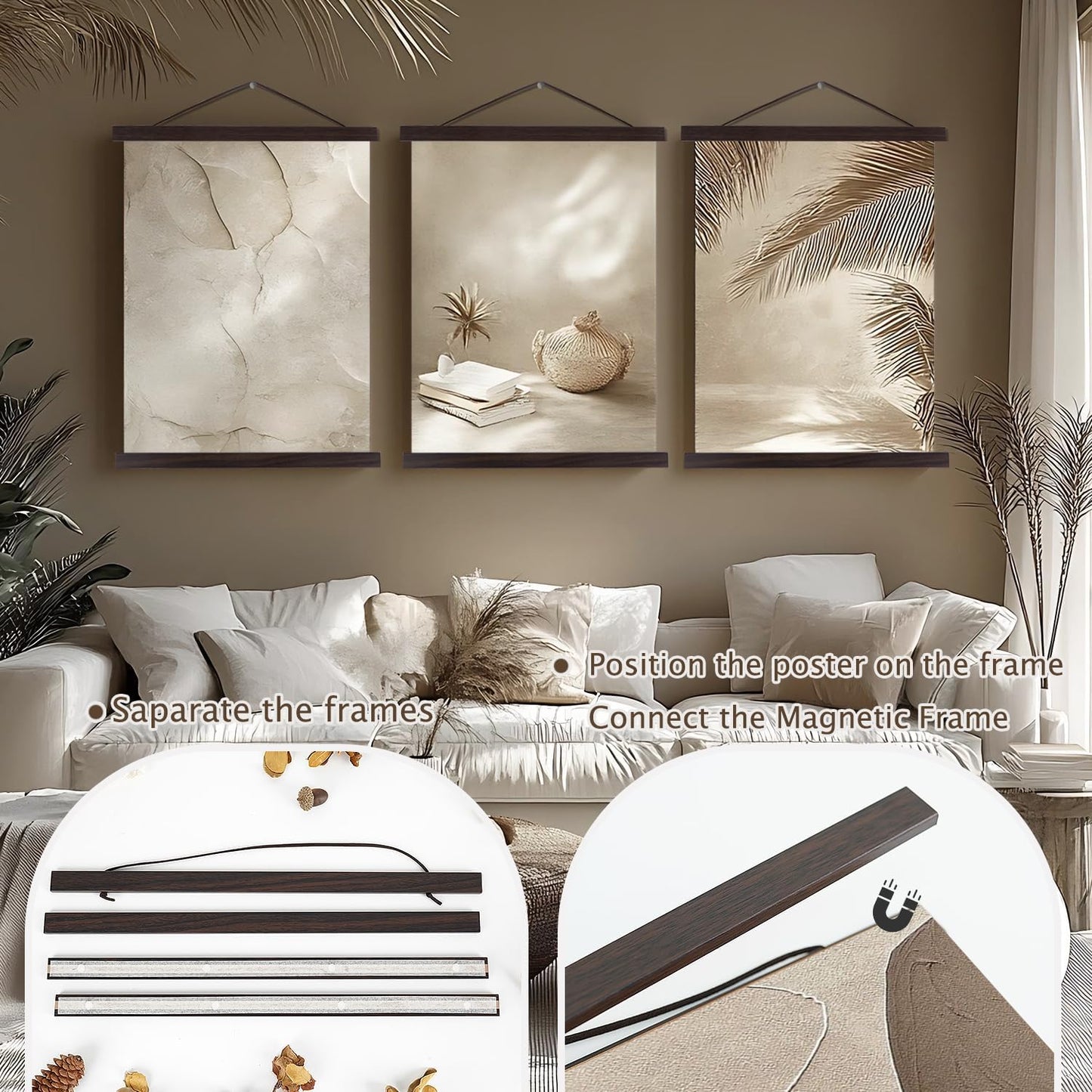 Artmag Magnetic Poster Hanger Frame, 19x19 19x13 19x25 Light Wood Wooden Magnet Canvas Artwork Print Poster Hangers Frames Hanging Kit (Walnut, 19")