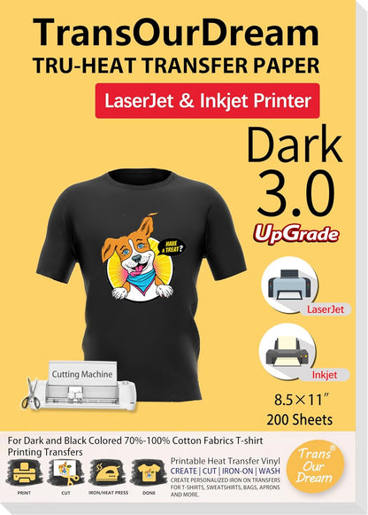TransOurDream Tru-Heat Transfer Paper for Inkjet & Laserjet Printer (200 Sheets, 8.5x11", Dark 3.0) Printable HTV Heat Transfer Vinyl for T Shirts Iron on Transfers for Dark Fabrics