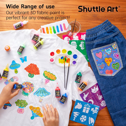 Shuttle Art Fabric Paint, 24 Colors 3D Permanent Paint with Brushes Palette Pen Fabric Sheet Stencils, Glow in The Dark, Glitter, Metallic Colors for Textile Fabric T-shirt Jeans Glass