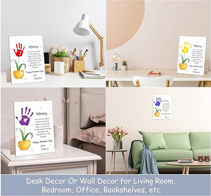 rorusio Mommy Handprint Poem, Happy Mothers Day Sign with Stand and Hook with Stand and Hook - 9x12 Inch, Mothers Day Crafts Handprint Keepsake, Personalized Gifts for Mom from Daughter & Son