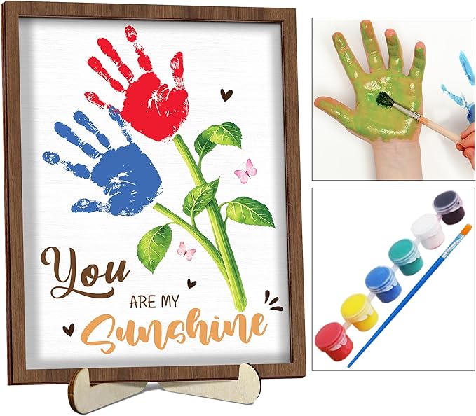 Personalized Handprint Wooden Sign You Are My Sunshine Frame with Paint, Handprint Kit, Custom Art Craft Family Keepsake, Mothers Day, Gifts for Baby Shower, New Parents, Grandparents, Nursery Decor