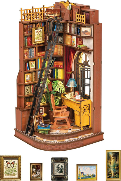 ROBOTIME Book Nook Kit, DIY Miniature House Kit, 3D Wooden Puzzle Bookends,Bookshelf Decor, Simple Assembly Dollhouse Kit, Creative Unique Gifts for Adults/Teens/Beginner (Silent Corner Study)