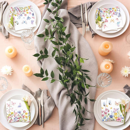 Fulmoon 200 Pieces Summer Floral Cocktail Napkins Disposable Wildflower Dessert Paper Napkins Bulk Flower Decoupage Beverage Towel for Summer Tea Party Dinner Decorative