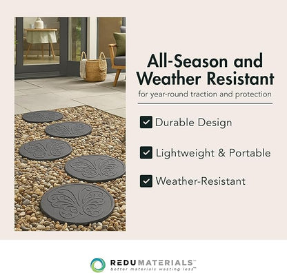 Garden Central 4-Pack 18”x18” Fake Butterfly Rubber Stepping Stones, Round, Grey – Reversible Non-Slip Outdoor Faux Decorative Set for Landscaping – DIY Decor for Walkways & Yard Pathways