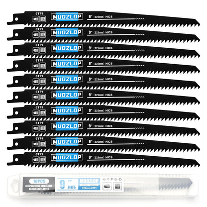 10 Pack 9 inch Reciprocating Saw Blades Set,6 TPI High Carbon Saw Blades, Woodcutting Saw Blades with Organizer Case (10, 6TPI/225mm)