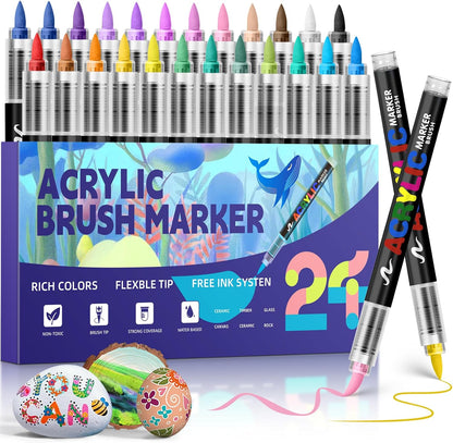 GOTIDEAL Acrylic Paint Markers Brush Tip,Waterproof Paint Pens acrylic Markers,No Bleed Acrylic Brush markers for Fabric,Wood,Rocks,Canvas Painting,Glass,Ceramic,Art Craft Supplies(24 Colors)
