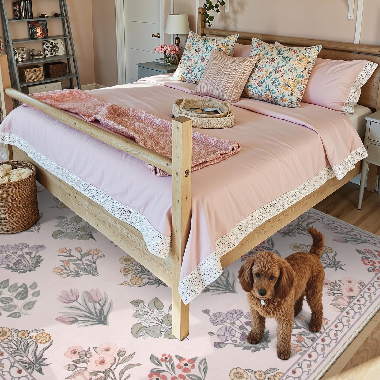 Wonnitar Floral Print Rug for Bedroom, Pink Boho Washable 8x10 Rug Ultra-Thin, Non Slip Soft Large Moroccan Trellis Floor Carpet for Living Room Girls Nursery Kids Playroom, Pale Pink