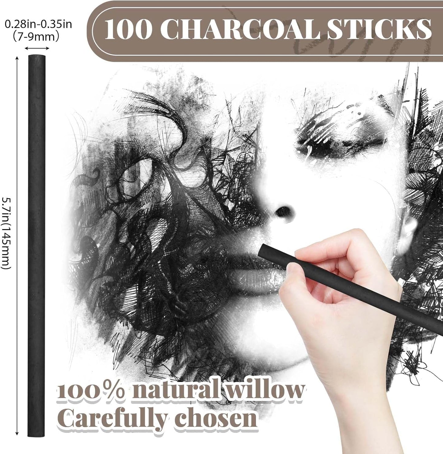 Gueevin 100 Pcs Willow Charcoal Sticks, Willow Charcoal, Artists, Beginners, Students, Perfect for Sketching, Drawing, Shading, and Fine Art Christmas Gifts for Art (7-9mm)