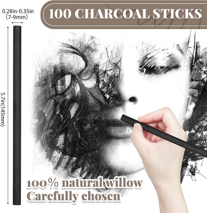 Gueevin 100 Pcs Willow Charcoal Sticks, Willow Charcoal, Artists, Beginners, Students, Perfect for Sketching, Drawing, Shading, and Fine Art Christmas Gifts for Art (7-9mm)