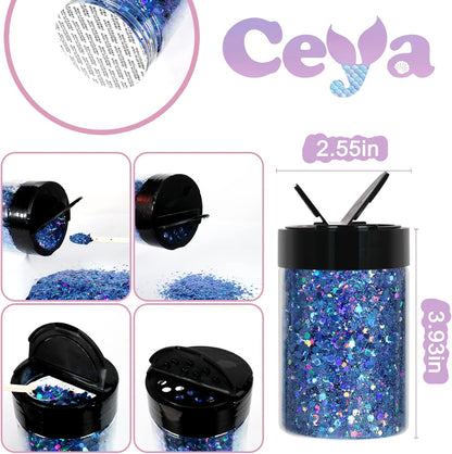Ceya Holographic Chunky Glitter, 4.9oz/ 140g Blue Craft Glitter Powder Mixed Chunky & Fine Flakes Iridescent Nail Sequins for Nail Art, Hair, Epoxy Resin, Tumblers, Slime, Painting, Festival Decor