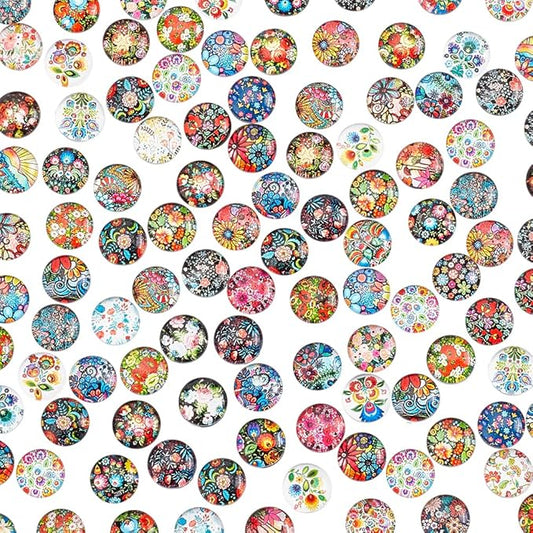 PH PandaHall 100pcs 12mm Flower Printed Glass Cabochons, Half Round Floral Dome Cabochons Mosaic Tiles Mosaic Printed Glass for Photo Cameo Pendant Jewelry Making Handcrafts Scrapbooking