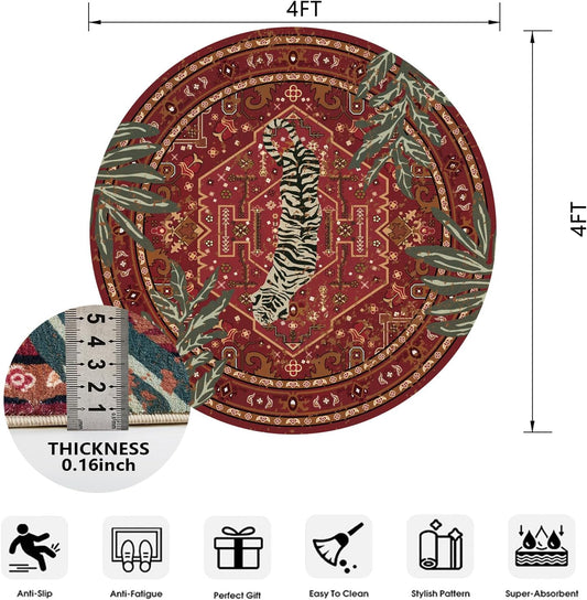 Tribal Rugs Summer Tropical 4ft Round Area Rugs Wine Red Traditional Boho Vintage Oriental Rug for Bedroom Kitchen Dining Living Room Indoor Entryway Washable Hippie Circle Carpet