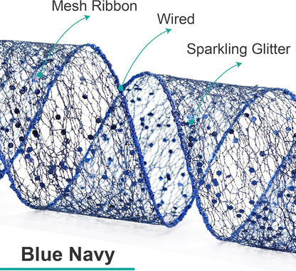 CT CRAFT LLC Sparkling Glitter Mesh Wired Ribbon 2.5" x 10 Yards Blue Navy for Christmas Home Decor Bow Gift Wrapping DIY Crafts Wreath - Crafty Corner