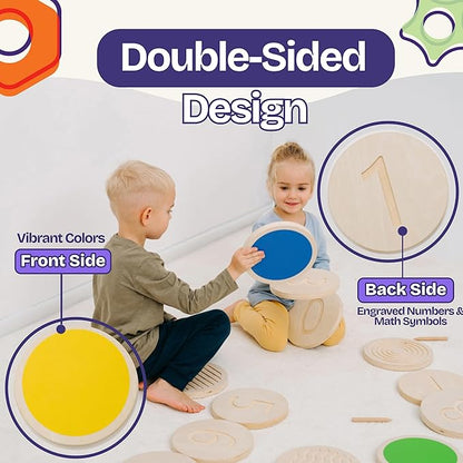 ComfyBumpy Wooden Stepping Stones for Kids | Set of 13 Montessori Stepping Stones for Toddlers - Double-Sided Stepping Stone Kit with Colors, Engraved Numbers and Shapes for Balance & Sensory Play