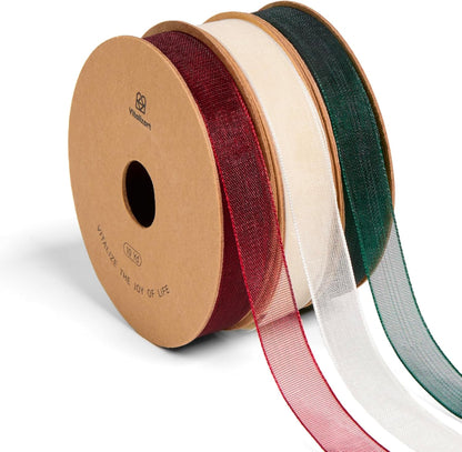 Vitalizart 3/8" x 30Yd Organza Ribbon Christmas Sheer Ribbons Set 10 Yd x 3 Rolls Red Green White Handmade Eco-Friendly for Christmas Gift Wrapping Tree Decor Bows Wreaths - Crafty Corner