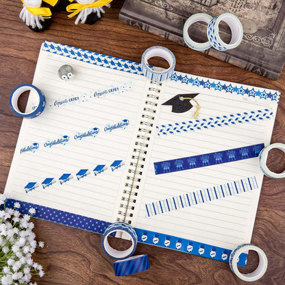 Whaline 12 Rolls Graduation Washi Tape Blue White Congrats Grad Washi Masking Tape Congratulations Star Grad Cap Decorative Paper Stickers for Graduation Scrapbook Gift Wrapping DIY Art Crafts
