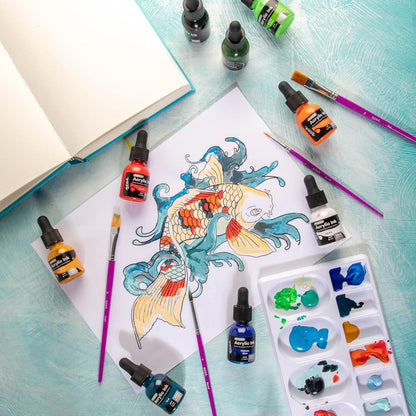 Mont Marte Acrylic Ink Premium 12pc x 20ml (0.7 US fl.oz), Acrylic Inks for Artists, Essential Colors, Ideal for Air Brush, Pouring Art, Scrapbooking, Ink Drawing, Mixed Media - Crafty Corner