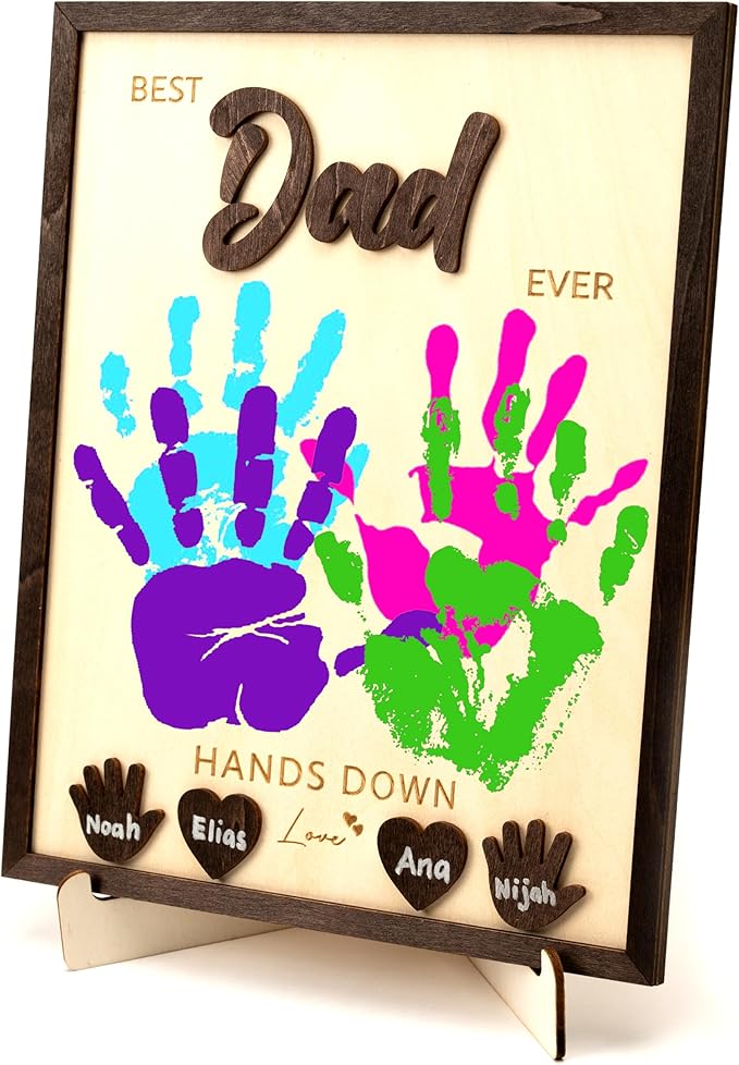 Best Dad Ever Hands Down Sign Wooden Handprint Frame DIY Gifts, Fathers Day Personalized Gifts from Kids, Daughter, Son - Fathers Day Handprint Gift, Custom Birthday Gift for New Dad, Stepdad, Grandpa