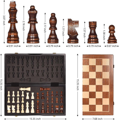 Magnetic Wooden Chess Set 15" Unique Chess Board Game with Chess Pieces Storage Slots, Tournament Portable Folding Travel Chess Sets for Kids Adults Beginner and Pros, 2 Extra Queens
