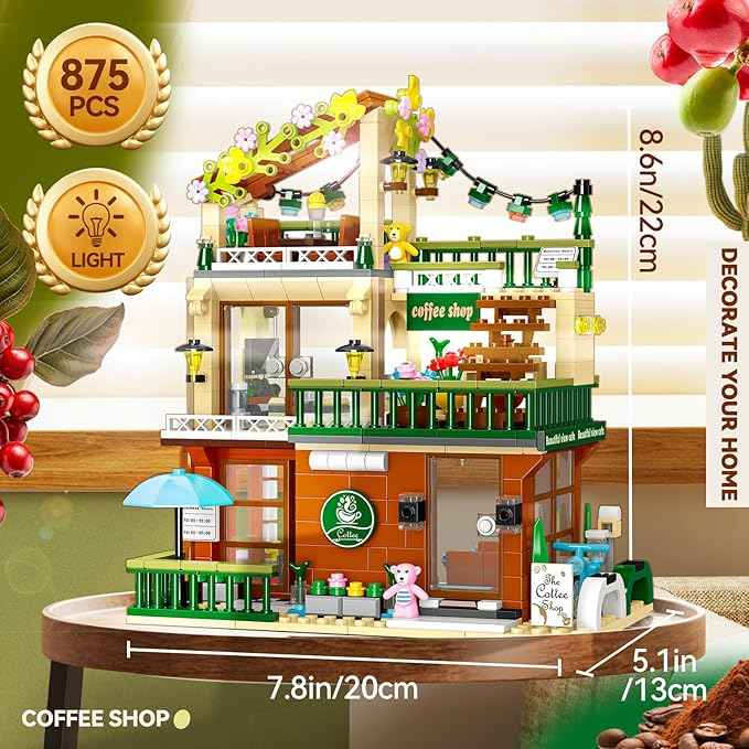 3 in 1 Street View Coffee Shop City Building Set, Compatible with City House Modular Simulation Architecture Construction Toy with LED Lights, Gift for Adults and Girls Kids Aged 8+(875 PCS)