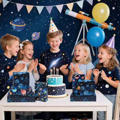 Pineraap 12 Sheets Galaxy Telescope Wrapping Paper, Starry Sky Gift Wrap Folded Flat Blue Space Craft Paper for Astronomy Lovers Birthday Party Baby Shower Present Packing, 19.7 x 27.6 Inch
