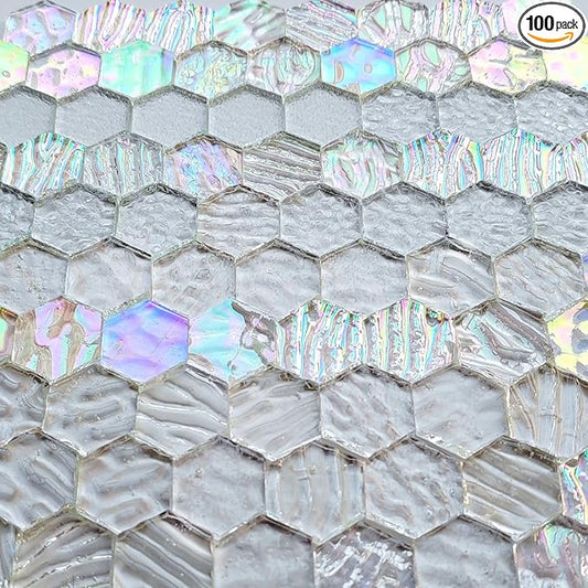 100 pcs Hexagon White Iridescence Stained Glass Pieces Mosaics Tiles for Crafts Bulk, Hand Precut Mosaic for Stained Glass Bee Honeycombs, Mosaic Kits for Adults
