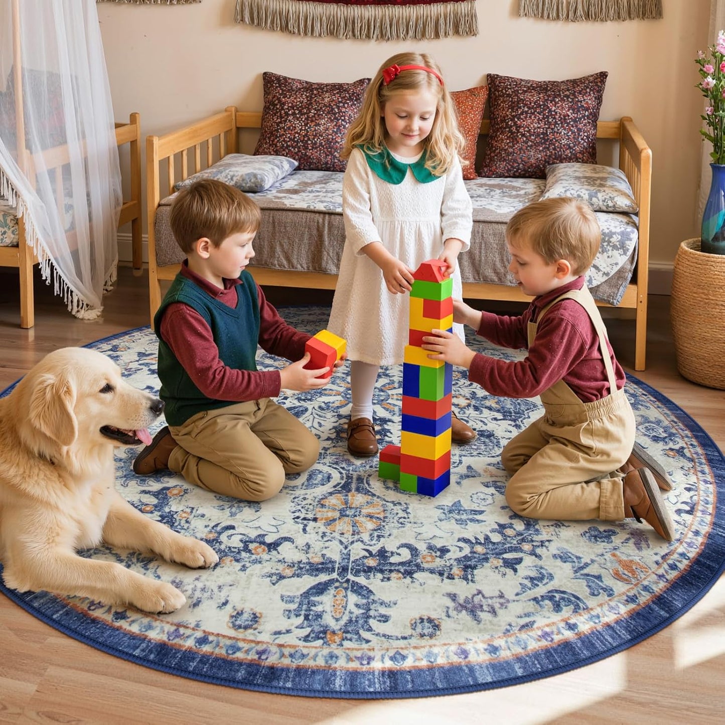 Lahome Round Rug 5'3"Ft, Large Washable Dining Room Round Area Rug Soft Kitchen Circle Rug, Bohemian Non-Slip Non-Shedding Printed Indoor Carpet for Bedroom Entryway Bathroom, Blue Purple/Multi