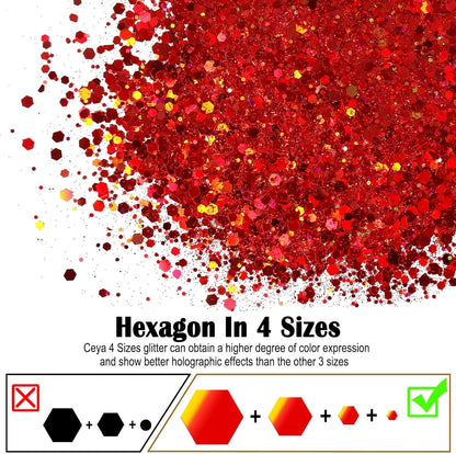 Ceya Holographic Chunky Glitter, 1 LB/ 16OZ Laser Red Bulk Craft Glitter Mixed Chunky Fine Glitter Bottled Metallic Flake Nail Sequins for Resin, Tumblers, Scrapbooking, Festival Decor, Art Project