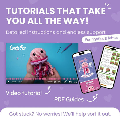 Cookie Box Crochet Kit for Beginners – Gift Set to Make Jellyfish Jenny Amigurumi Plushie – Easy DIY Crochet & Knitting Starter Kit with Video and PDF Tutorials