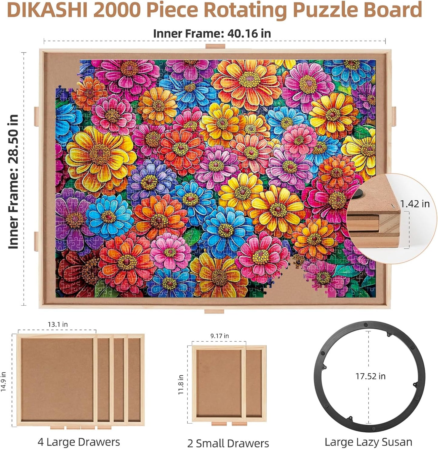2000 Pieces Rotating Puzzle Board with 6 Drawers, Lazy Susan & Transparent Cover, 40.1"x28.5" Portable Wooden Jigsaw Puzzle Board, Great Gift for for Puzzle Enthusiasts