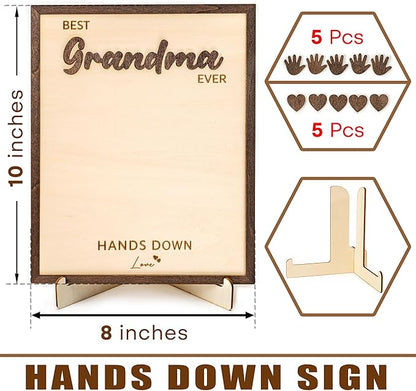 10" Display Size Best Grandma Ever Hands Down Sign – Gift for Grand ma for Birthday, Valentines, Grandparents day,Gifts for Grandma from Granddaughter, Grandson - Grandparent's Day Handprint Gift from Kids, Personalized Wooden Desk Sign for Grandma