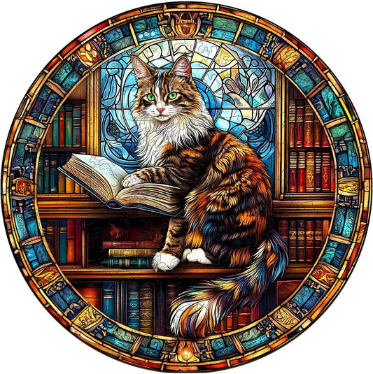 Wooden Puzzles Adults, Maine Cat Library Wooden Puzzles 100 Pieces, Unique Animal Shaped Wood Challenging Jigsaw Puzzles Gifts for Adults, 8.5x8.5in