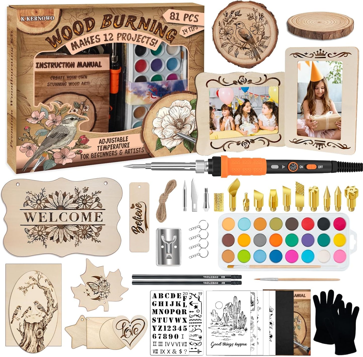 K KERNOWO Wood Burning Kit - 81Pcs All-in-One Wood Burning Tool Pen Adjustable Temperature Wood Burner Kit Crafts Gifts for Adults & Teens, Woodburning Kits for Beginner Pyrography - Crafty Corner