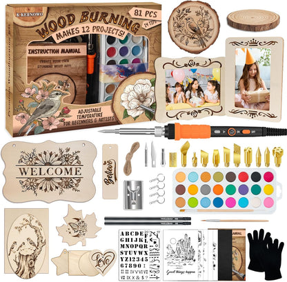 K KERNOWO Wood Burning Kit - 81Pcs All-in-One Wood Burning Tool Pen Adjustable Temperature Wood Burner Kit Crafts Gifts for Adults & Teens, Woodburning Kits for Beginner Pyrography - Crafty Corner