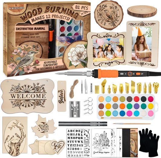 K KERNOWO Wood Burning Kit - 81Pcs All-in-One Wood Burning Tool Pen Adjustable Temperature Wood Burner Kit Crafts Gifts for Adults & Teens, Woodburning Kits for Beginner Pyrography - Crafty Corner
