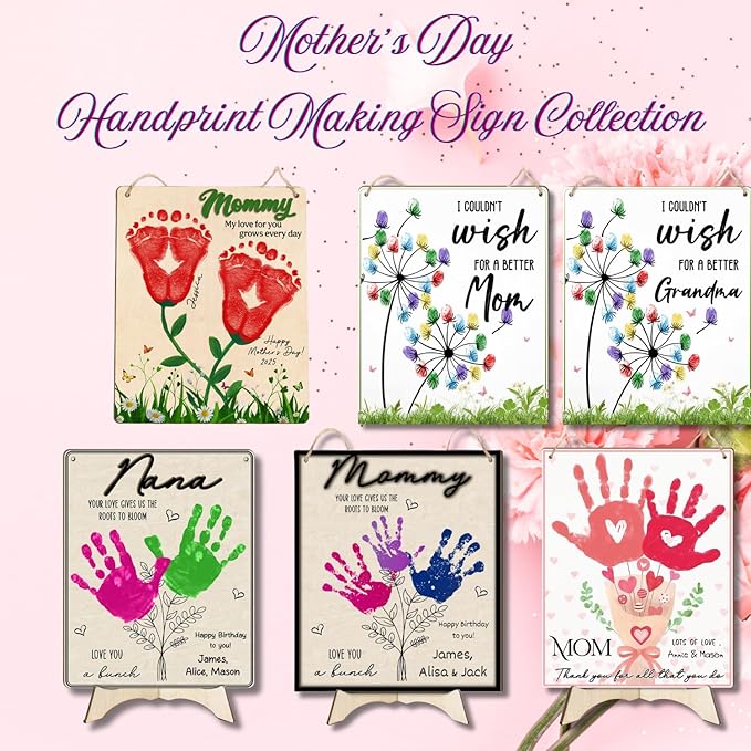 DIY Grandma Craft Hand Print, Handprint Art Wooden Craft Plaque Sign, Custom Mothers Day Gift for Grandma, Crafts for Grandmas from Kids, Grandson, Toddlers, Floral Bouquet Baby Keepsake 8x10in