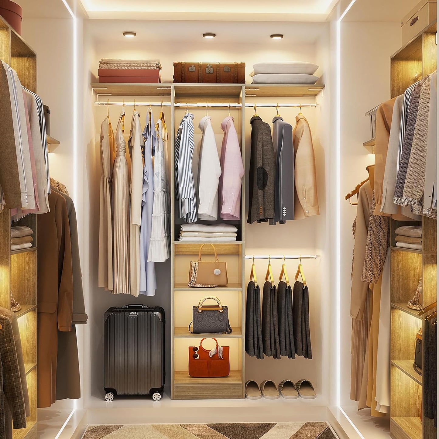48" Small Closet Organizer, 4FT Small Closet System with 4 Closet Rods & 3 Shelves, 80"H Small Closet Organizers and Storage for Small Bedooms, Cloakrooms, Laundry Rooms, White Oak