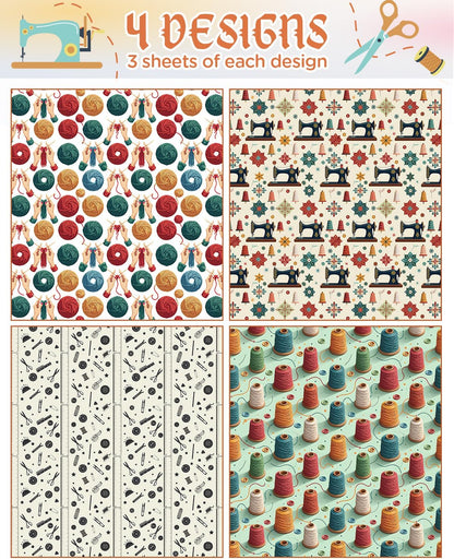 Pineraap 12 Sheets Sewing Theme Wrapping Paper, Vintage Sewing Machine, Button, Yarn Printed Gift Wrap Folded Flat Craft Paper for Sewing Lovers, Seamstress, Women, Mom, Grandma, 19.7 x 27.6 Inch