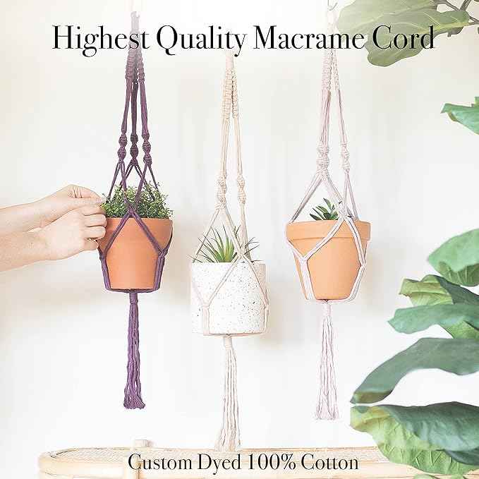 Aesthetic Creative Macrame Kit, Makes 3 DIY Plant Hangers for Teens & Adult Beginners, Craft Supplies for Boho Art Project-3 Custom Color Macrame Cord, Wooden Rings & Instructions