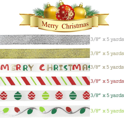 MEEDEE Christmas Ribbon 3/8 inch Thin Holiday Ribbon Set in Red, Green, White, Gold & Silver Color 12 Rolls 60 Yards Perfect for Gift Wrapping, Xmas Wreath Decor, Garlands, and Holiday Crafts - Crafty Corner