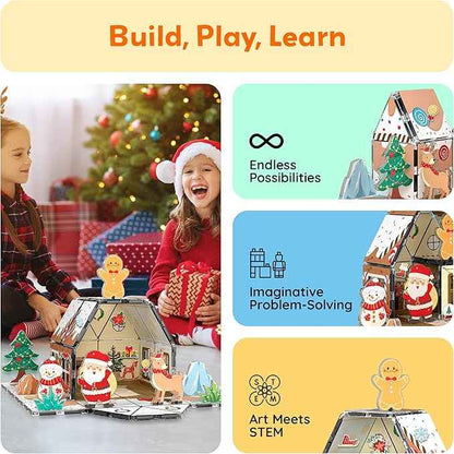 PicassoTiles Magnetic Tiles Gingerbread House Holiday Character Action Figures Santa, Snowman, Deer Winter Theme Construction Kit Magnet Building Blocks STEM Learning Gifts Toddler Toys Ages 3+ PTQ09