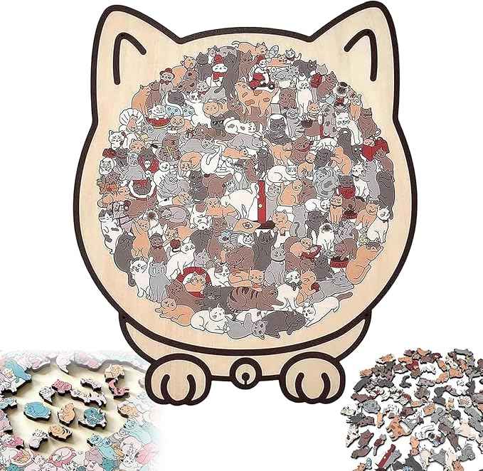 135 Piece Colored Cat Shaped Wooden Jigsaw Puzzle, Cats Shaped Wooden Puzzle, Unique Animal Shape Wood Puzzle and Acrylic Cover, Creative Gifts for Cats Lovers, Home Decor