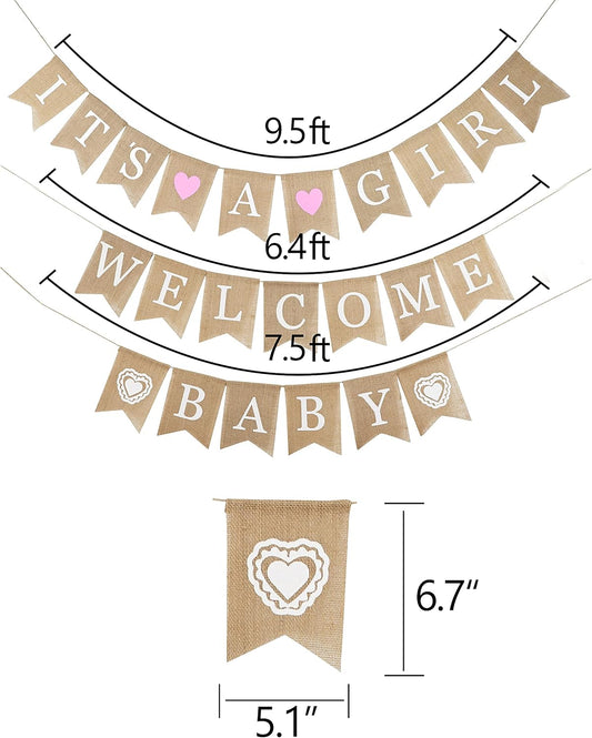 MEEDEE Burlap Banner Welcome Baby Girls Banner Rustic Baby Shower Party Favors Decorations Banners and Signs Baby Shower Bunting Pink (3 Pieces) - Crafty Corner