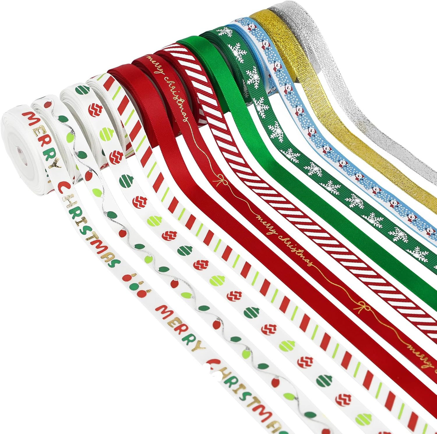 MEEDEE Christmas Ribbon 3/8 inch Thin Holiday Ribbon Set in Red, Green, White, Gold & Silver Color 12 Rolls 60 Yards Perfect for Gift Wrapping, Xmas Wreath Decor, Garlands, and Holiday Crafts - Crafty Corner