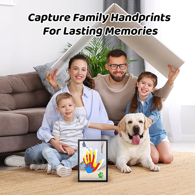 Family Handprint Kit, Hand Prints Keepsake Frame, DIY Craft Gift for New Parents & Mom & Baby, Grandparents, Mother's Day, Father's Day, Adoption Day, Anniversary, 6 Non -Toxic Paints (Black)