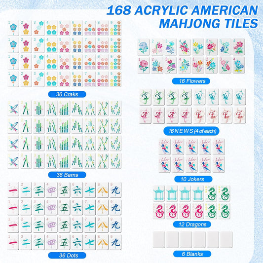 American Mahjong Set 168 Blossom Acrylic Numbered Tiles, 4 All-in-One Rack/Pushers, 4 Dice, Blue Tiles Bag and Portable Travel Case Classic Full Size Complete Mahjongg Game Set