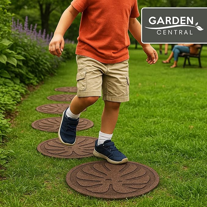 Garden Central 4-Pack 18”x18” Fake Tropical Leaf Rubber Stepping Stones, Round, Brown – Reversible Non-Slip Outdoor Faux Decorative Set for Landscaping – DIY Decor for Walkways & Yard Pathways