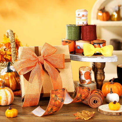 12 Rolls Fall Wired Edge Ribbon for Wreaths 2 Inch x 60 Yards Maple Leaves Pumpkin Turkey Print Ribbon Thanksgiving Plaid Crafts for Autumn Harvest Party Decoration Supplies, 12 Styles - Crafty Corner
