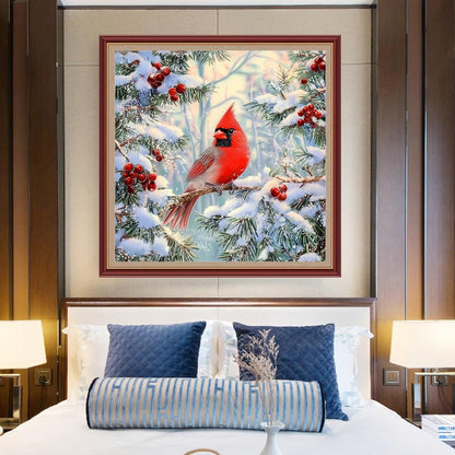 DMCXART Counted Cross Stitch Kits for Adults Needlepoint Kits Unprinted Cross Stitching Embroidery Kit 11CT Cross Stitch Supplies-Colorful Little Bird Snow Scene 18x18 inch