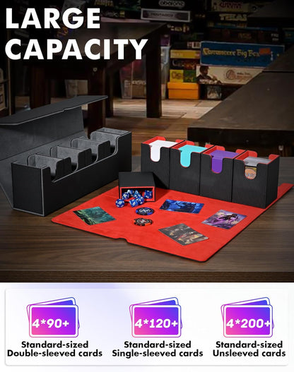 Card Deck Box with Dice Tray for MTG, 5 in 1 Card Deck Case Holds 800+ Unsleeved Cards, Strong Magnet Organizer Compatible with Yugioh TCG Sports Cards (Black Red)